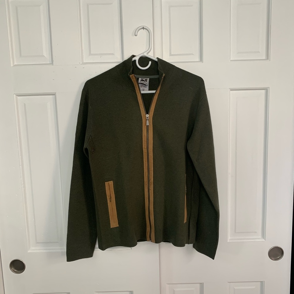 Zip Up Sweater with Leather Trim - Green